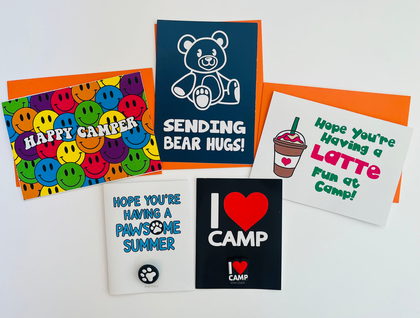 Charm Collection: CAMP LOVE- Pack of 5 greeting cards with 2 shoe charms