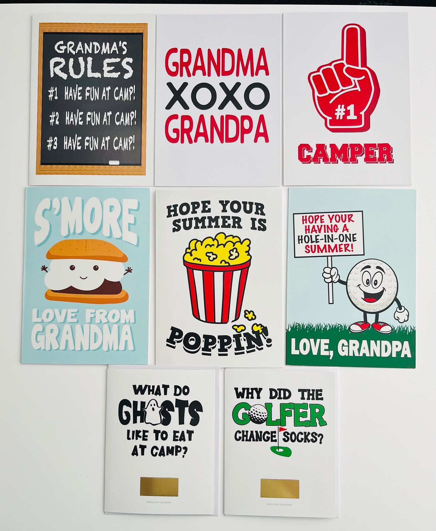 GRANDPARENT'S SUPREME PACK-Summer Camp Greeting Cards Set of 8  Includes 2 scratch off jokes