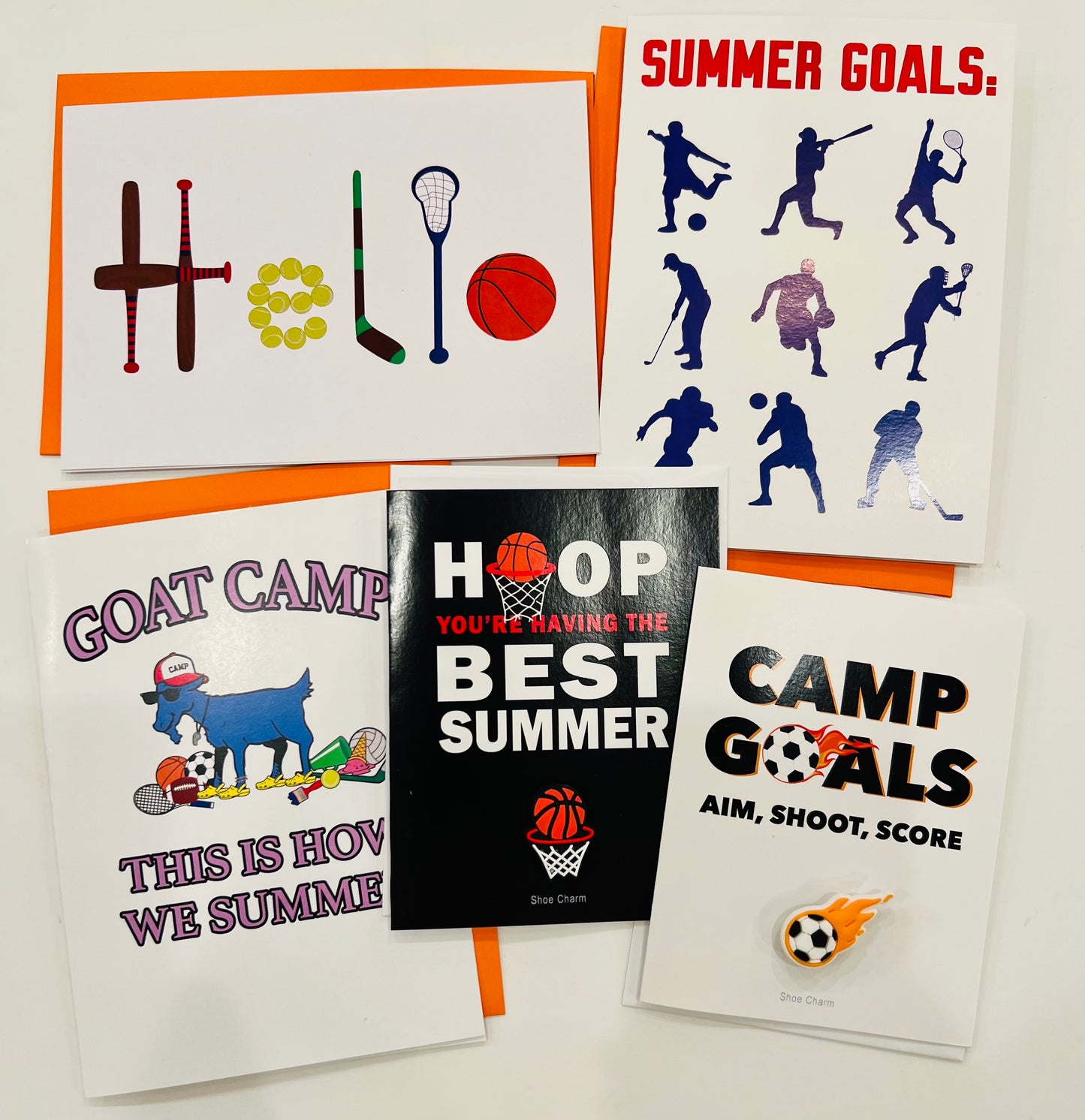 Charm Collection: Sports Camp Pack of 5 greeting cards with 2 shoe charms